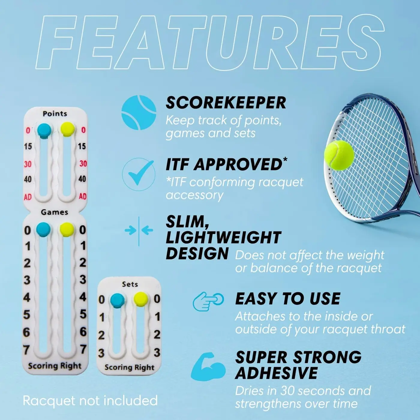 Scoring Right Portable Tennis Racket and Padel Scorekeeper, Easily Mounted Small Score Board to Keep Score of Points, Games, and Sets, ITF Conforming and Lightweight Mini Score Keeper, 1.9g